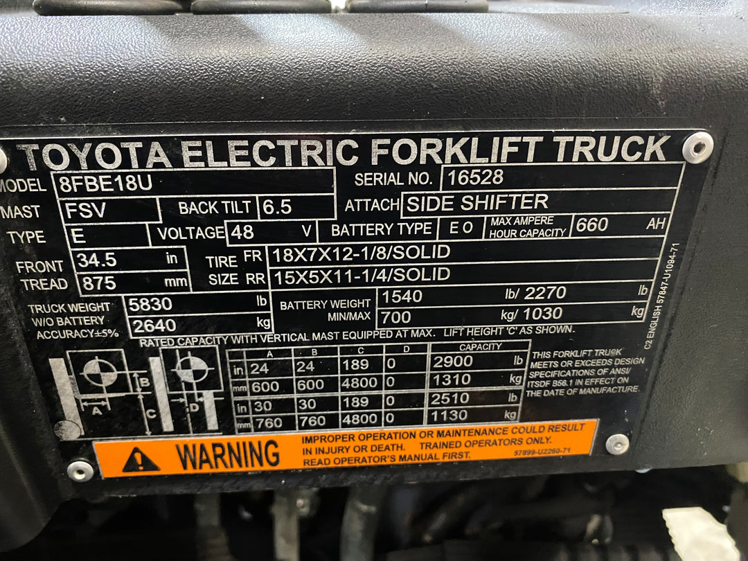 Used forklift for sale in Barrie | 2019 TOYOTA 3,500 LB 3-Wheel Electric Forklift | Model: 8FBE18U