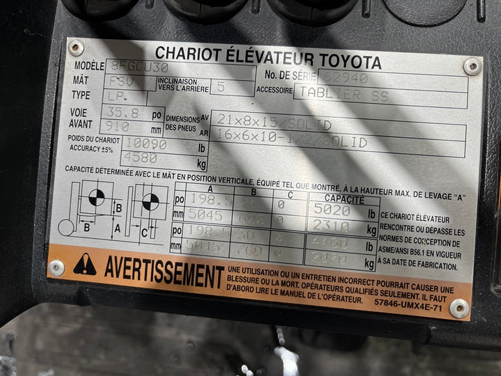 Used forklift for sale in Quebec | 2015 TOYOTA 6000 LB IC Cushion Forklift | Model: 8FGCU30
