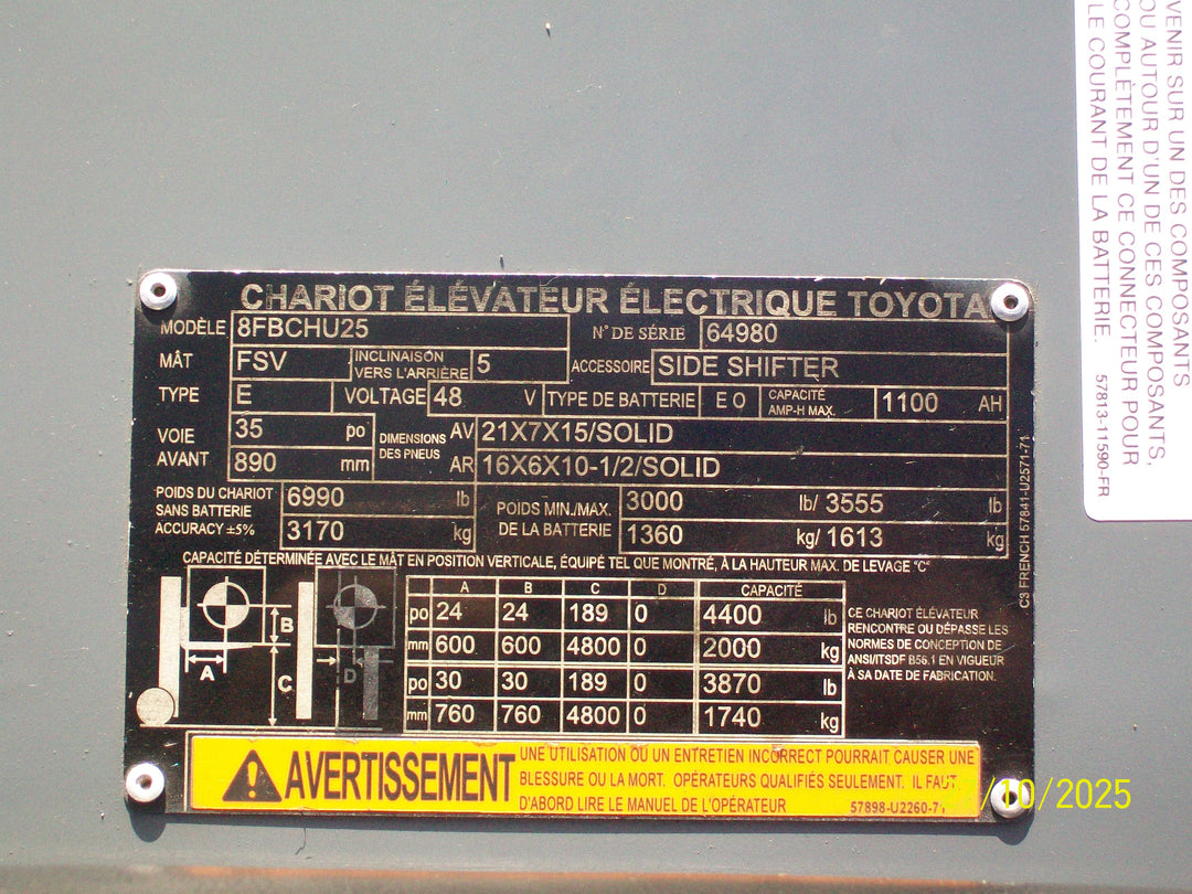 Used forklift for sale in Lachine | 2018 TOYOTA 5,000 LB Electric Cushion Forklift Longbox | Model: 8FBCHU25