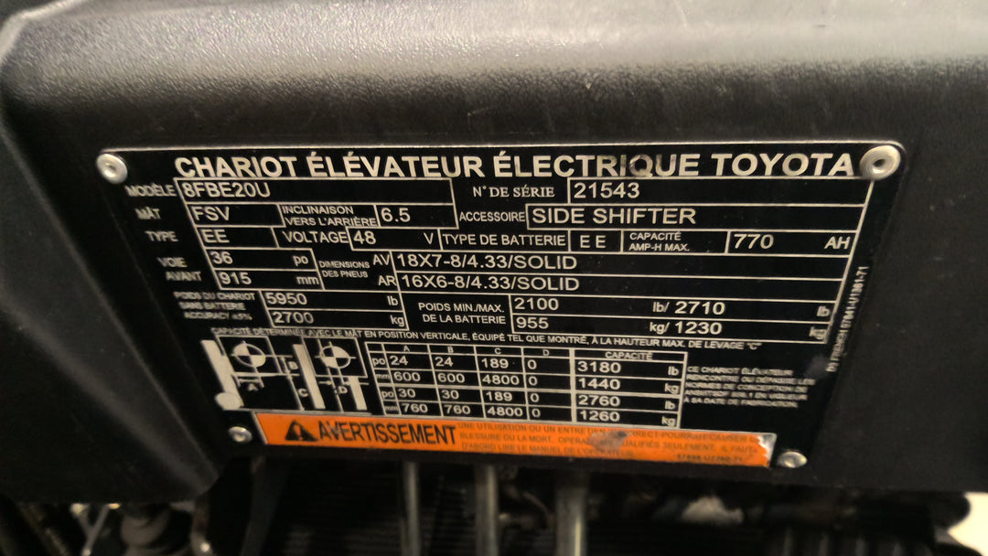 Used forklift for sale in Lachine | 2021 TOYOTA 4,000 LB 3-Wheel Electric Forklift | Model: 8FBE20U