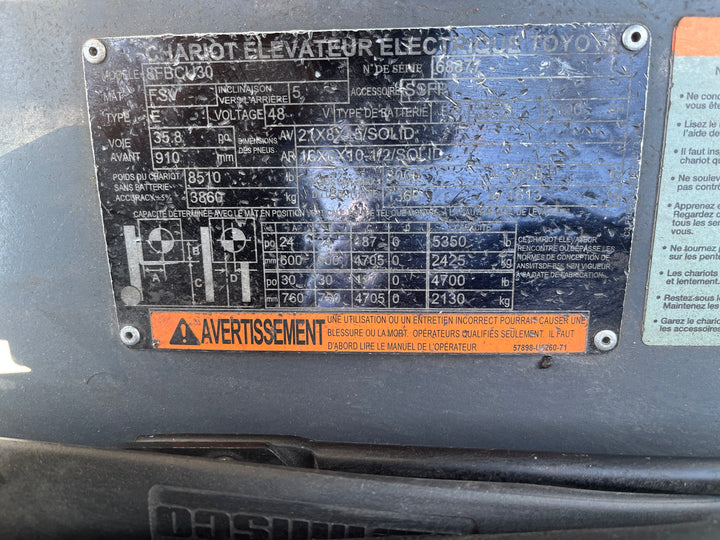 Used forklift for sale in Ottawa | 2019 TOYOTA 6,000 LB Electric Cushion Forklift | Model: 8FBCU30