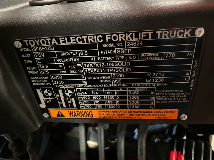 Used forklift for sale in Ajax | 2022 TOYOTA 4,000 LB 3-Wheel Electric Forklift | Model: 8FBE20U