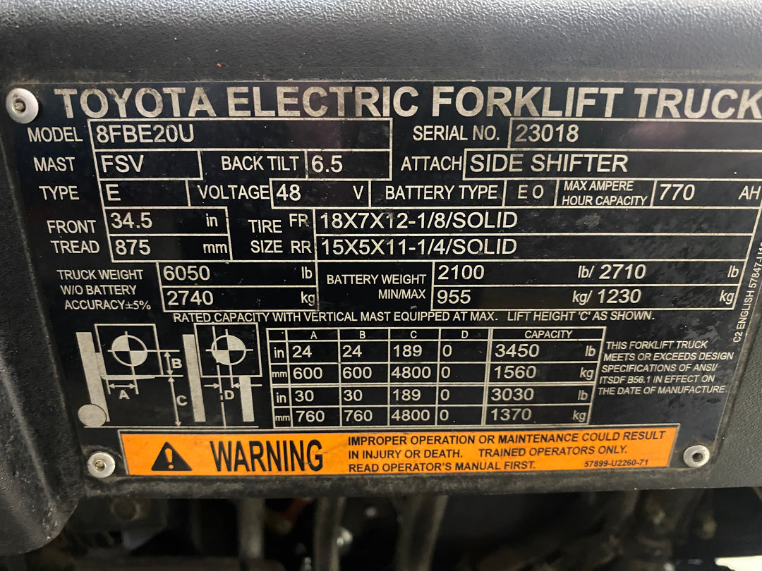 Used forklift for sale in Barrie | 2021 TOYOTA 4,000 LB 3-Wheel Electric Forklift | Model: 8FBE20U