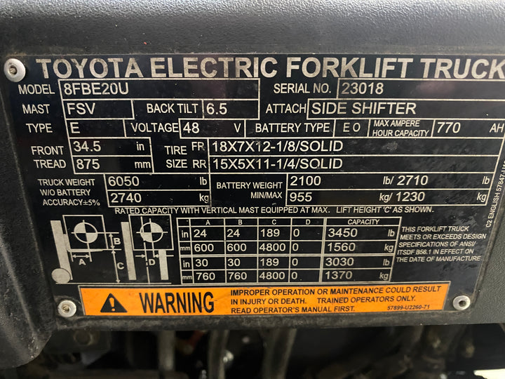 Used forklift for sale in Barrie | 2021 TOYOTA 4,000 LB 3-Wheel Electric Forklift | Model: 8FBE20U