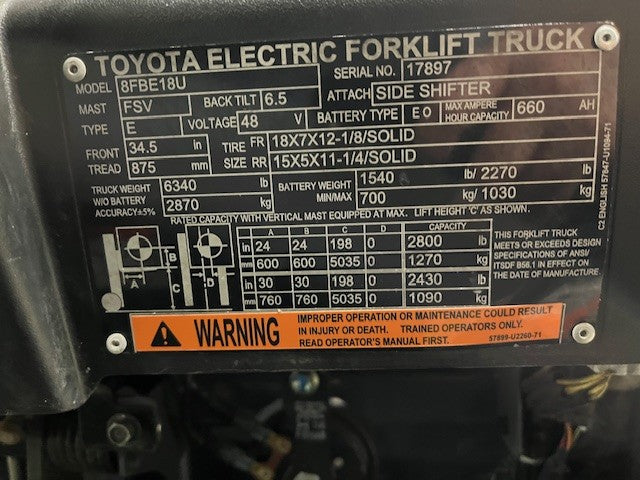 Used forklift for sale in London | 2019 TOYOTA 3,500 LB 3-Wheel Electric Forklift | Model: 8FBE18U