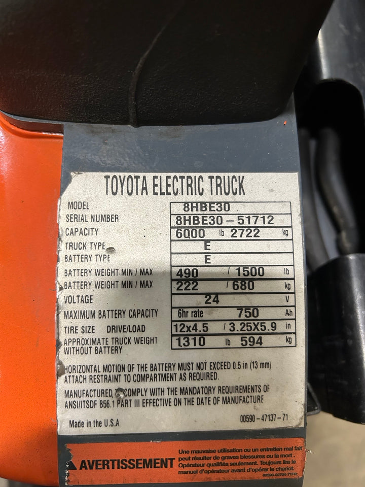 Used forklift for sale in Lachine | 2020 TOYOTA 6,000 LB Electric Walkie Rider Pallet Truck | Model: 8HBE30