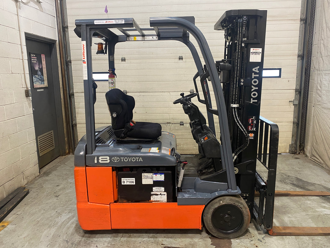 Used forklift for sale in Barrie | 2021 TOYOTA 3,500 LB 3-Wheel Electric Forklift | Model: 8FBE18U