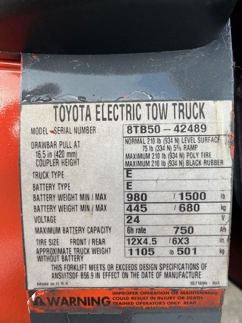 Used forklift for sale in London | 2016 TOYOTA 10,000 LB Electric Tugger | Model: 8TB50