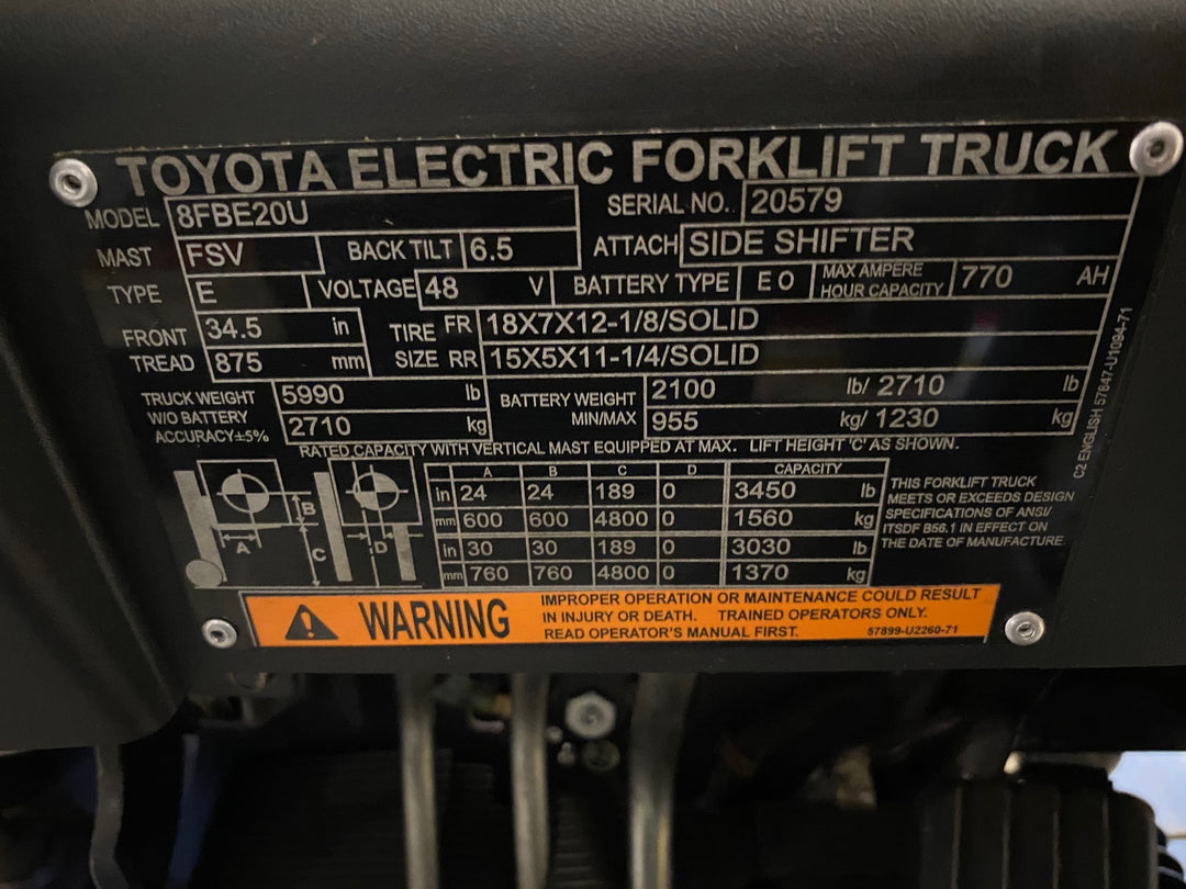 Used forklift for sale in Ajax | 2020 TOYOTA 4000 LB 3-Wheel Electric Forklift | Model: 8FBE20U