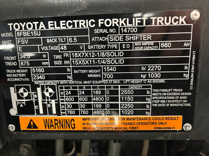 Used forklift for sale in London | 2018 TOYOTA 3,000 LB 3-Wheel Electric Forklift | Model: 8FBE15U