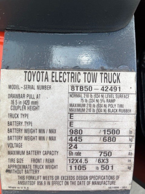 Used forklift for sale in London | 2016 TOYOTA 10,000 LB Electric Tugger | Model: 8TB50