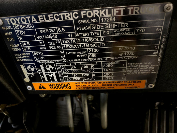 Used forklift for sale in Vaughan | 2019 TOYOTA 4,000 LB 3-Wheel Electric Forklift | Model: 8FBE20U