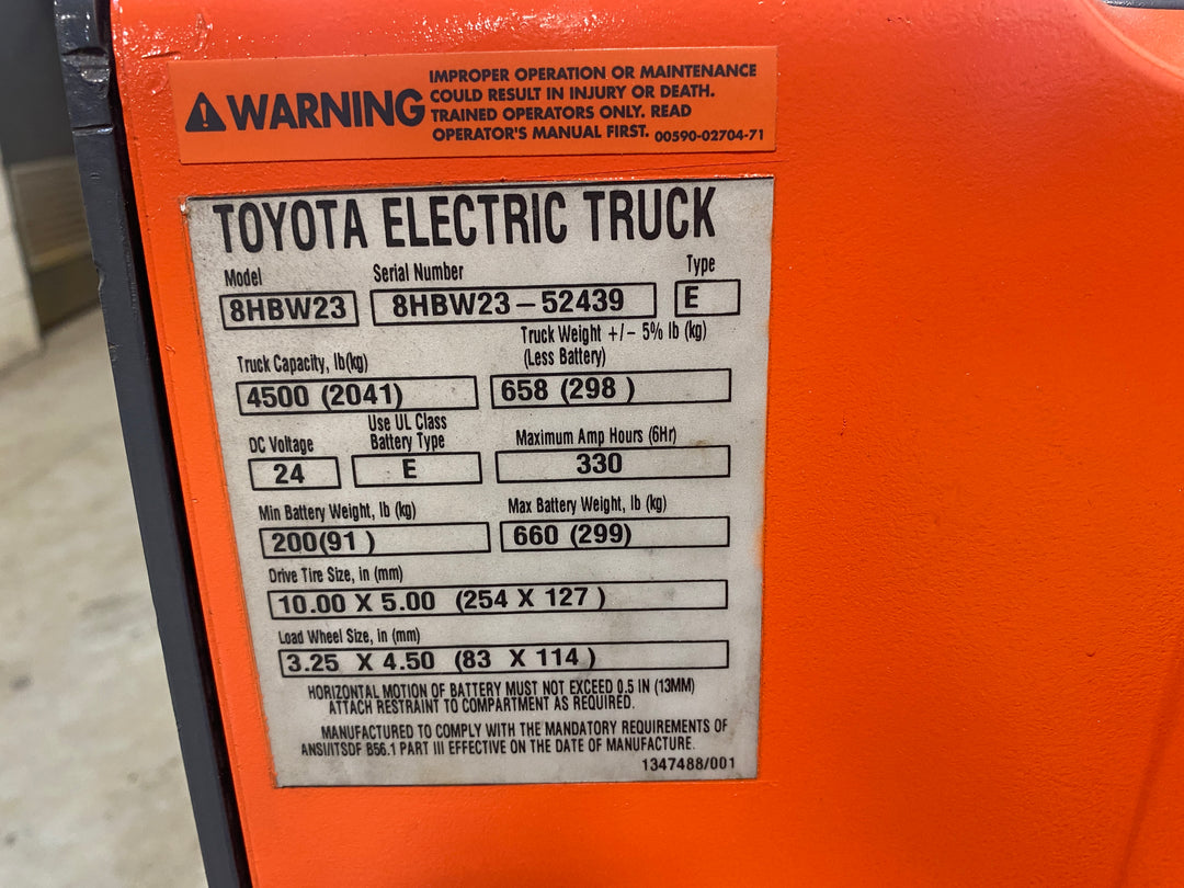 Used forklift for sale in Barrie | 2021 TOYOTA 4,500 LB Electric Walkie Pallet Truck | Model: 8HBW23