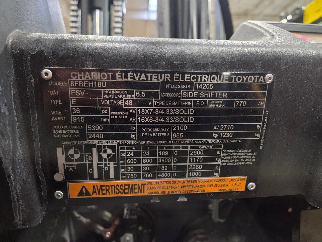 Used forklift for sale in Lachine | 2017 TOYOTA 3,500 LB 3-Wheel Electric Forklift Longbox | Model: 8FBEH18U