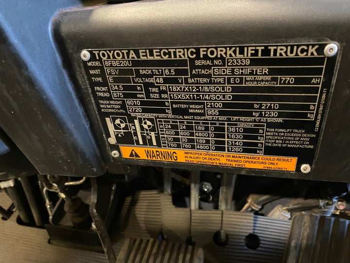 Used forklift for sale in Ajax | 2021 TOYOTA 4,000 LB 3-Wheel Electric Forklift | Model: 8FBE20U