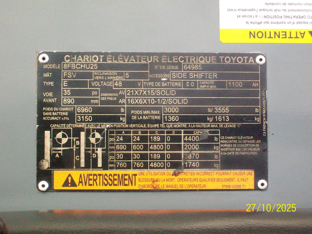 Used forklift for sale in Lachine | 2018 TOYOTA 5,000 LB Electric Cushion Forklift Longbox | Model: 8FBCHU25