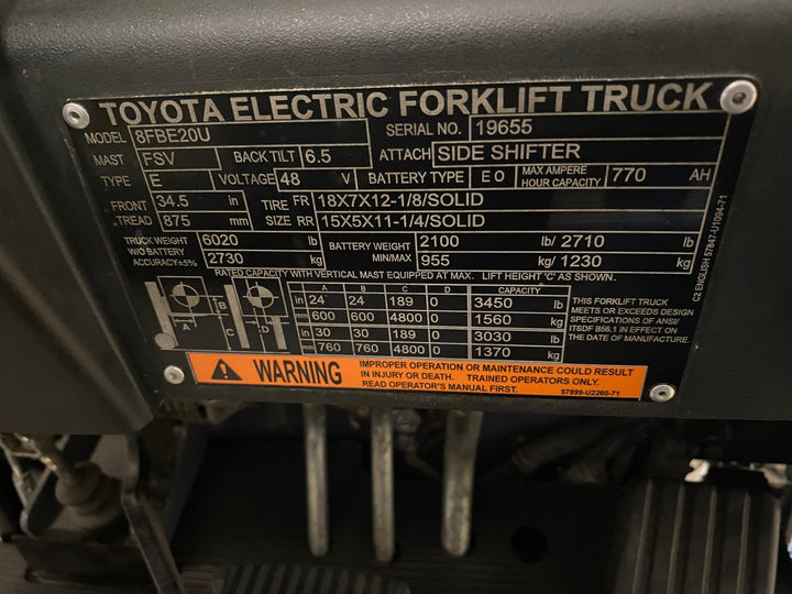 Used forklift for sale in Vaughan | 2020 TOYOTA 4000 LB 3-Wheel Electric Forklift | Model: 8FBE20U