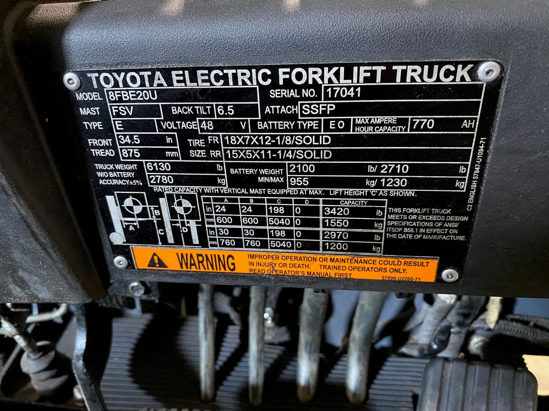 Used forklift for sale in Ajax | 2018 TOYOTA 4000 LB 3-Wheel Electric Forklift | Model: 8FBE20U