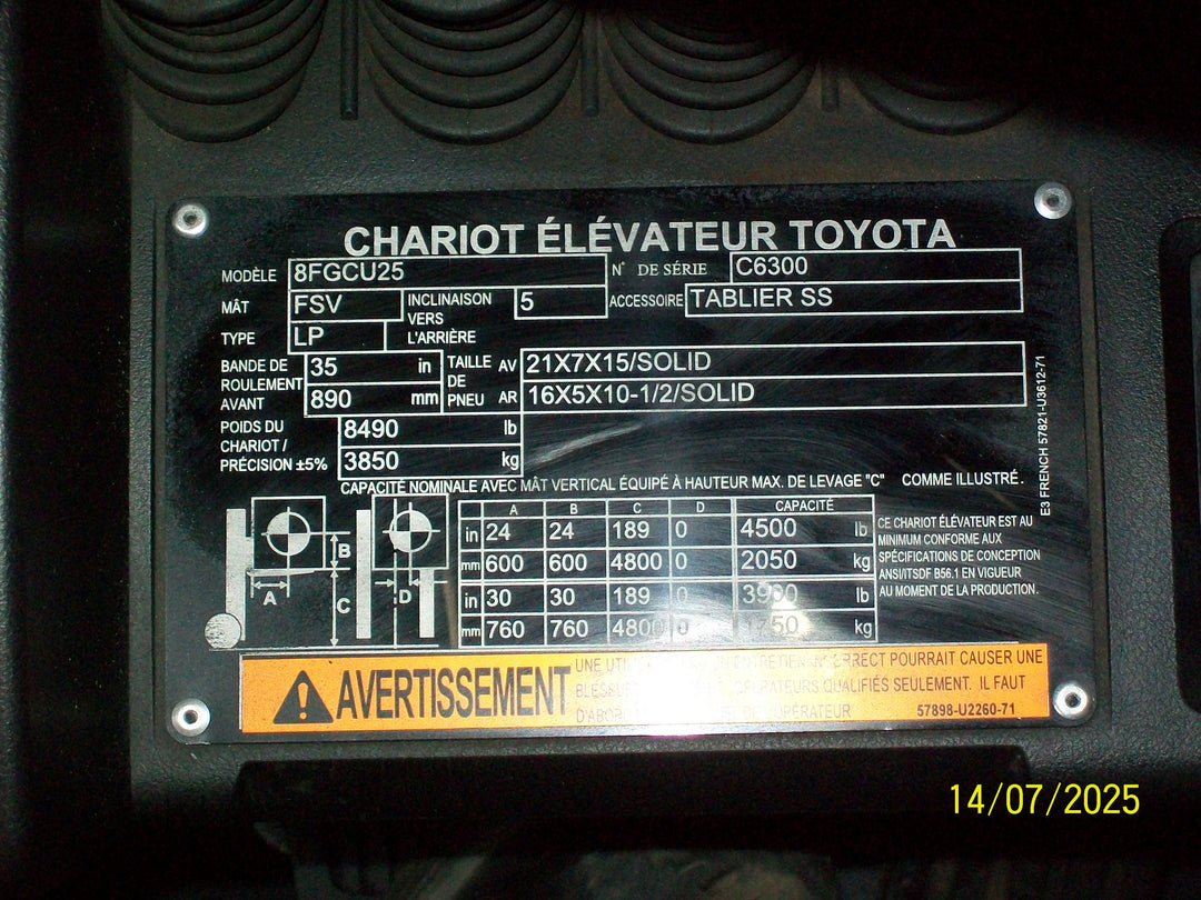 Used forklift for sale in Boucherville | 2021 TOYOTA 5000 LB IC Cushion Forklift | Model: 8FGCU25