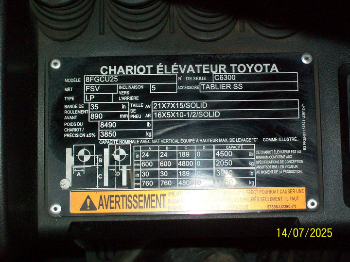 Used forklift for sale in Boucherville | 2021 TOYOTA 5000 LB IC Cushion Forklift | Model: 8FGCU25