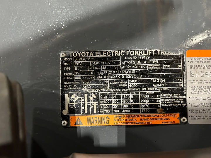 Used forklift for sale in Vaughan | 2019 TOYOTA 5,000 LB Electric Cushion Forklift | Model: 8FBCU25