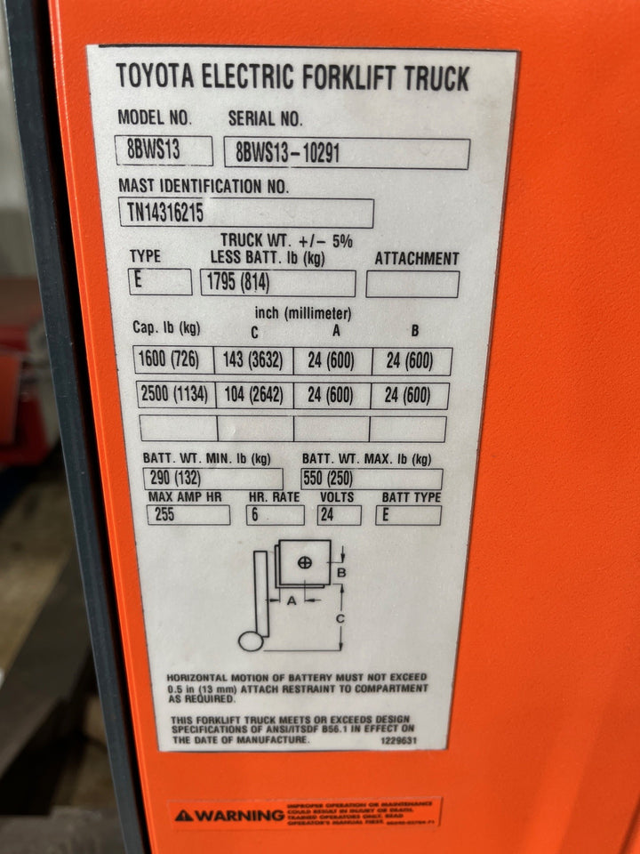 Used forklift for sale in Quebec | 2016 TOYOTA 2500 LB Electric Walkie Straddle Stacker | Model: 8BWS132L43