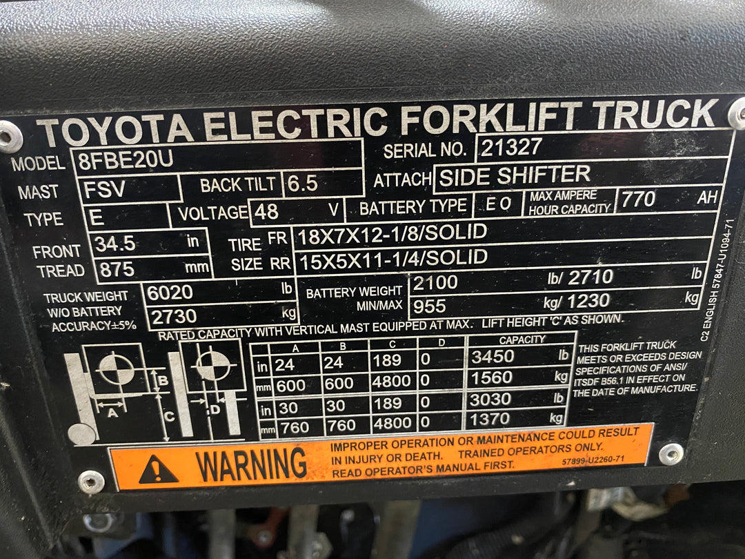 Used forklift for sale in Barrie | 2021 TOYOTA 4000 LB 3-Wheel Electric Forklift | Model: 8FBE20U
