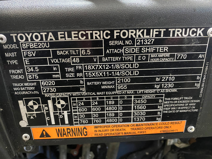 Used forklift for sale in Barrie | 2021 TOYOTA 4000 LB 3-Wheel Electric Forklift | Model: 8FBE20U
