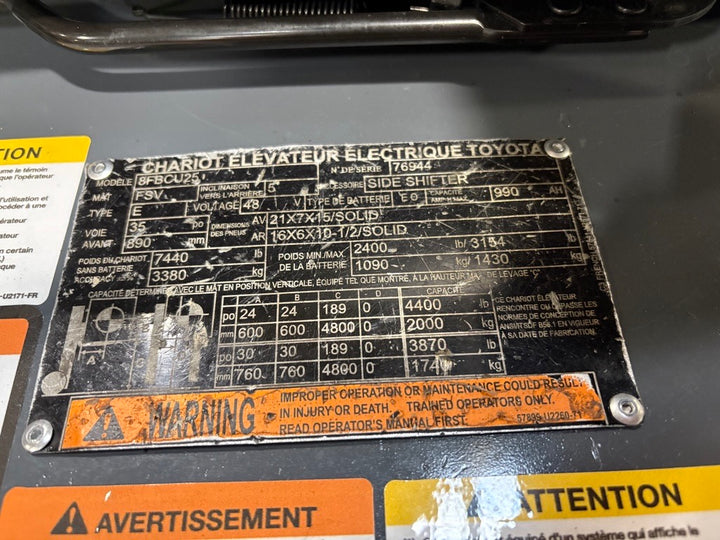 Used forklift for sale in Lachine | 2018 TOYOTA 5,000 LB Electric Cushion Forklift | Model: 8FBCU25