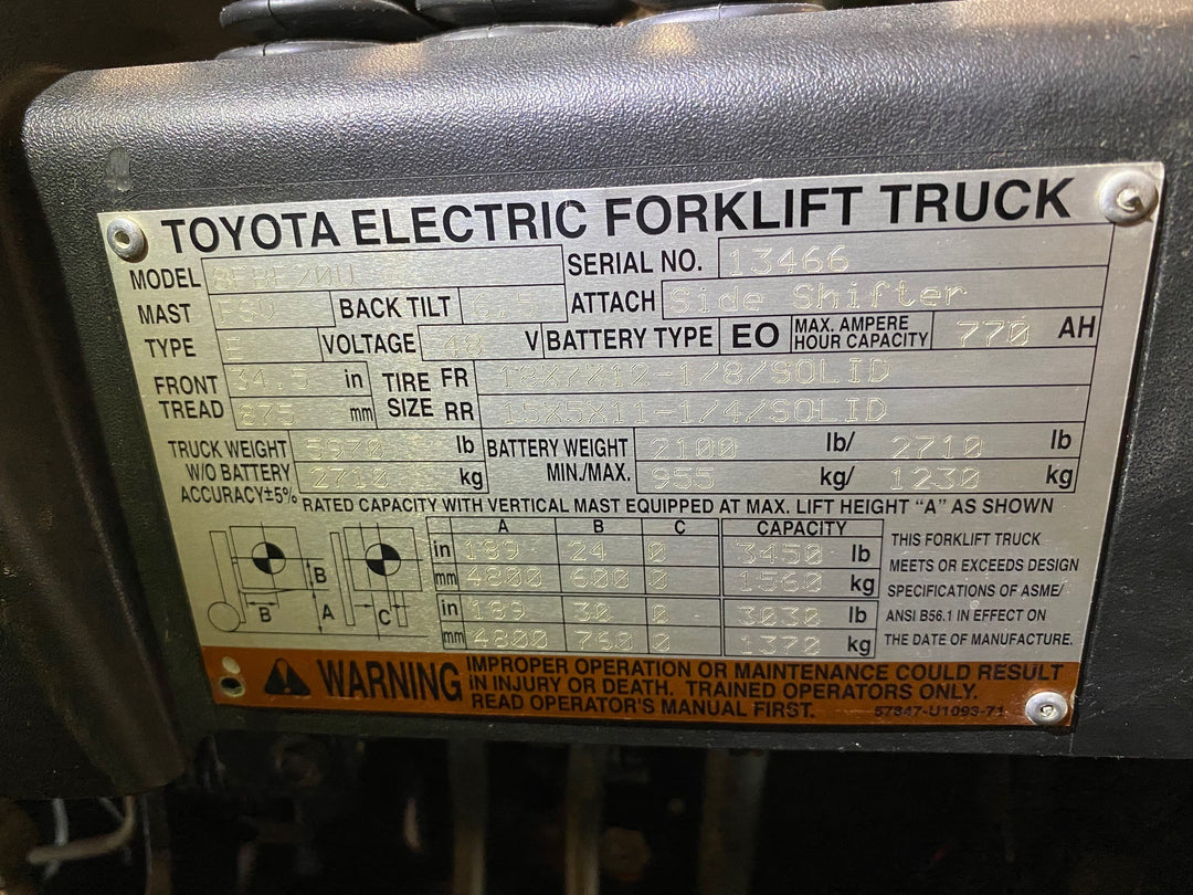 Used forklift for sale in Ajax | 2017 TOYOTA 4000 LB 3-Wheel Electric Forklift | Model: 8FBE20U