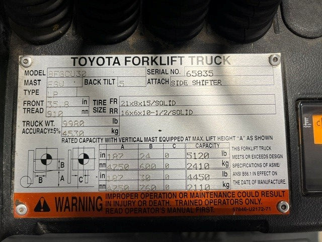 Used forklift for sale in London | 2016 TOYOTA 6,000 LB IC Cushion Forklift | Model: 8FGCU30