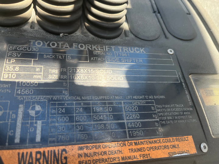 Used forklift for sale in Ottawa | 2019 TOYOTA 6,000 LB IC Cushion Forklift | Model: 8FGCU30