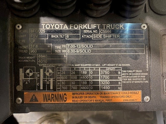 Used forklift for sale in Moncton | 2021 TOYOTA 5,000 LB IC Pneumatic Forklift | Model: 8FGU25