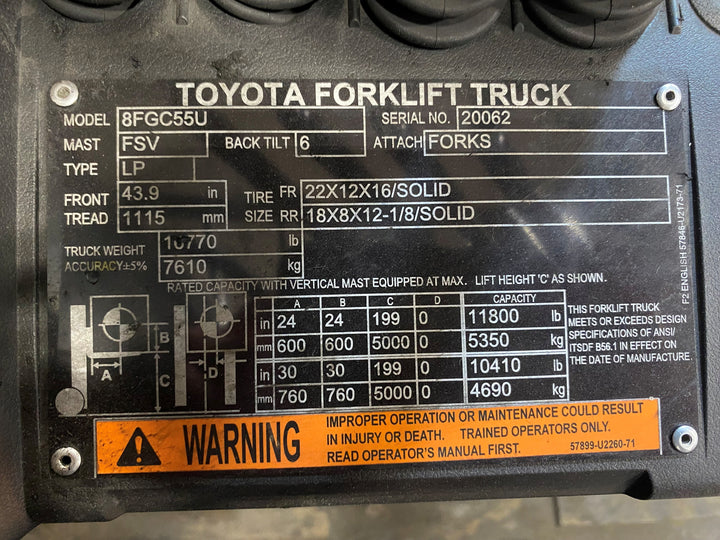 Used forklift for sale in Barrie | 2020 TOYOTA 12,000 LB IC Cushion Forklift | Model: 8FGC55U