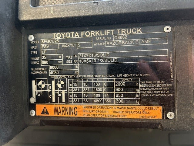 Used forklift for sale in Toronto | 2021 TOYOTA 5000 LB IC Cushion Forklift | Model: 8FGCU25