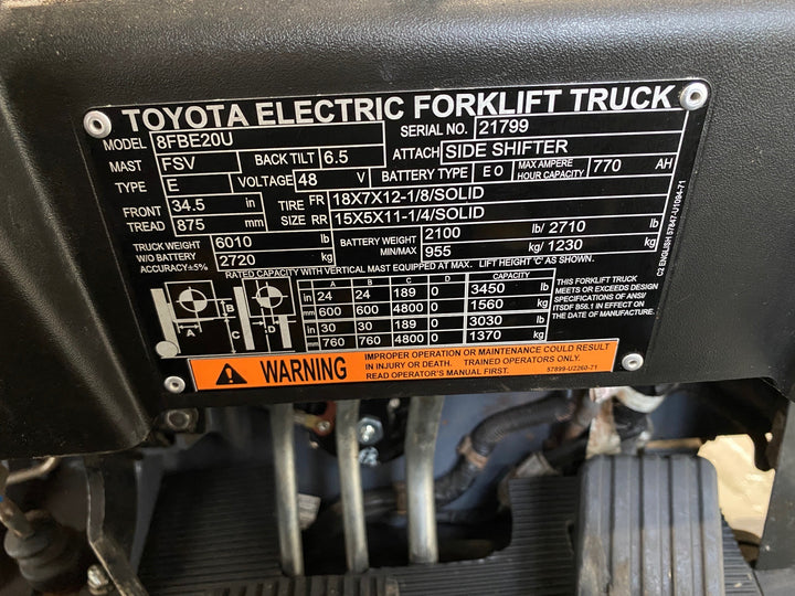 Used forklift for sale in Hamilton | 2021 TOYOTA 4,000 LB 3-Wheel Electric Forklift | Model: 8FBE20U