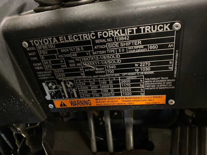Used forklift for sale in Vaughan | 2021 TOYOTA 3000 LB 3-Wheel Electric Forklift | Model: 8FBE15U