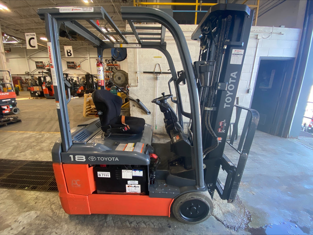 Used forklift for sale in Barrie | 2021 TOYOTA 3,500 LB 3-Wheel Electric Forklift | Model: 8FBE18U