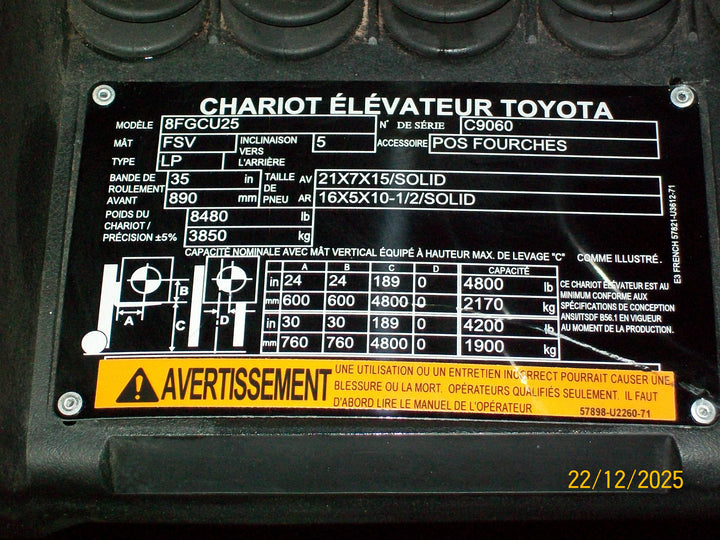 Used forklift for sale in Quebec | 2021 TOYOTA 5,000 LB IC Cushion Forklift | Model: 8FGCU25