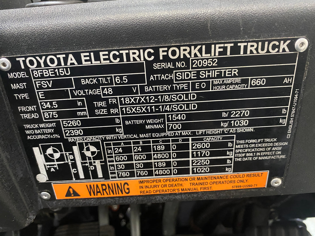 Used forklift for sale in Barrie | 2021 TOYOTA 3,000 LB 3-Wheel Electric Forklift | Model: 8FBE15U
