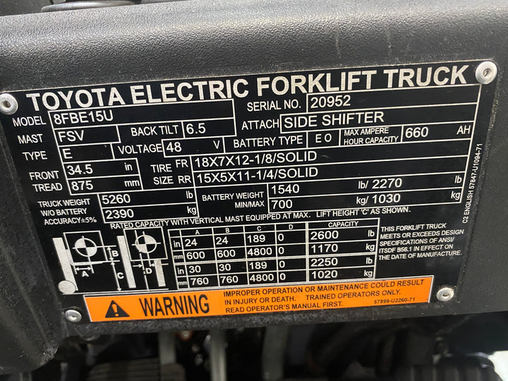 Used forklift for sale in Barrie | 2021 TOYOTA 3,000 LB 3-Wheel Electric Forklift | Model: 8FBE15U