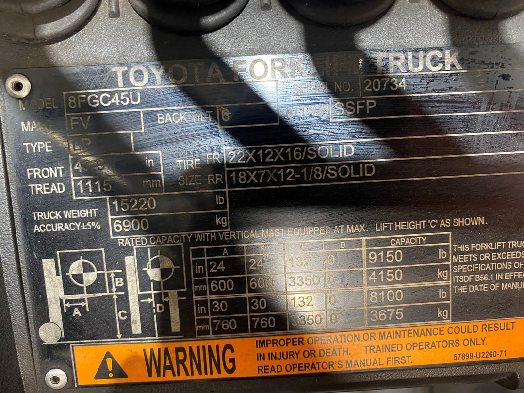 Used forklift for sale in Barrie | 2021 TOYOTA 10,000 LB IC Cushion Forklift | Model: 8FGC45U