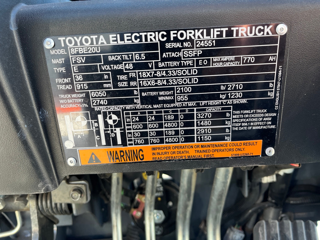 Used forklift for sale in Windsor | 2022 TOYOTA 4,000 LB 3-Wheel Electric Forklift | Model: 8FBE20U