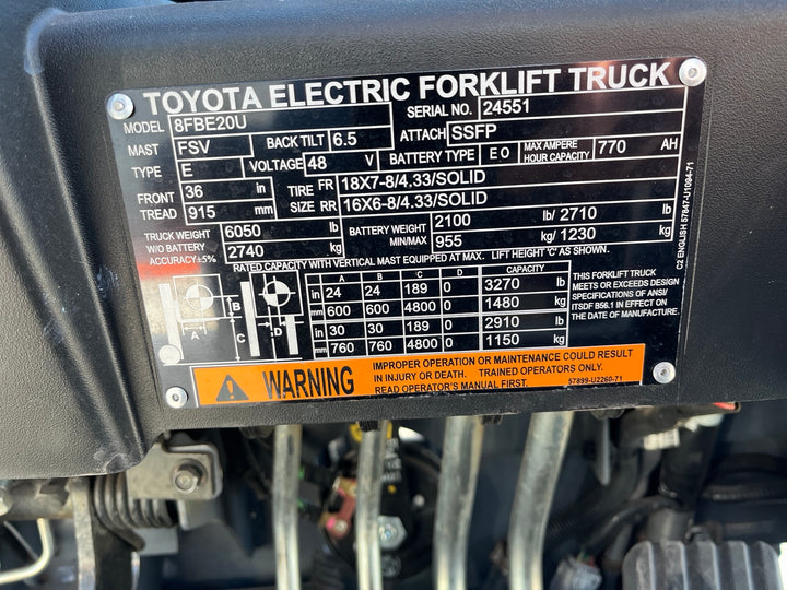Used forklift for sale in Windsor | 2022 TOYOTA 4,000 LB 3-Wheel Electric Forklift | Model: 8FBE20U