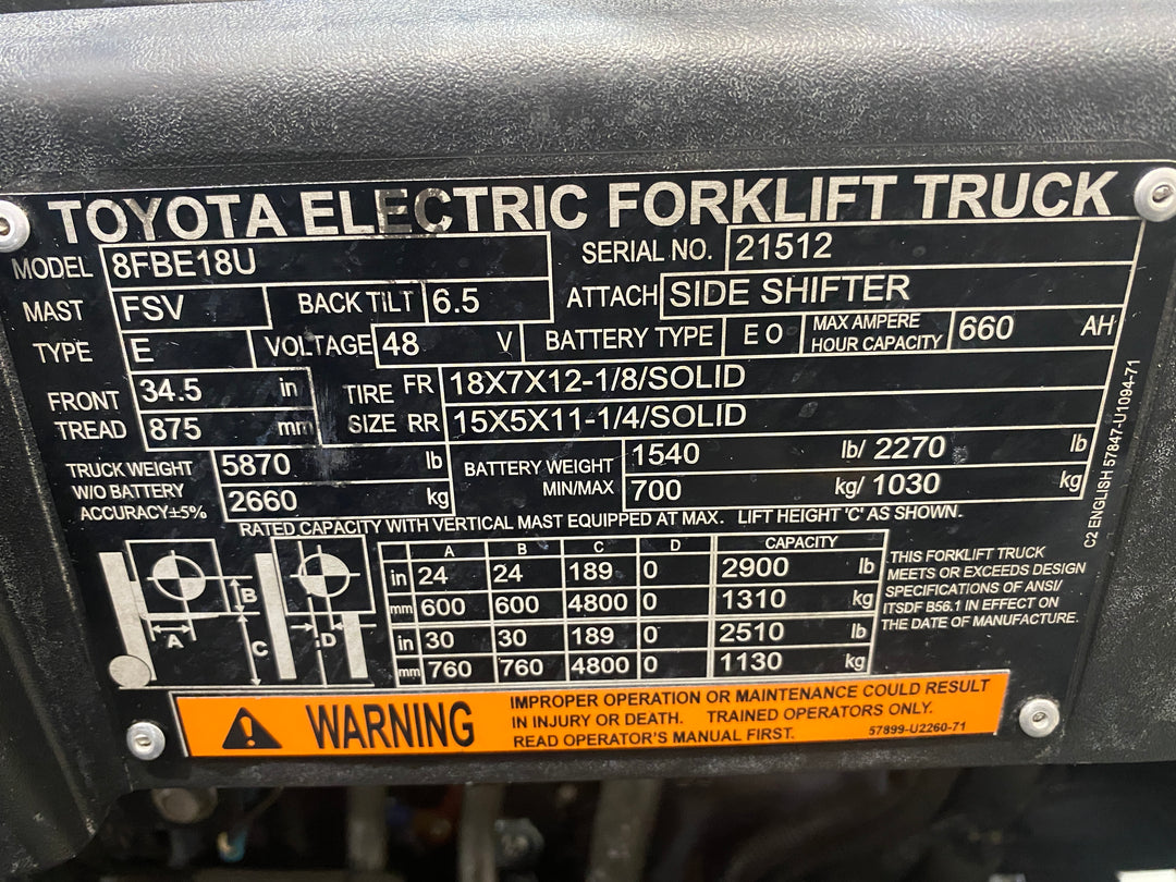 Used forklift for sale in Barrie | 2021 TOYOTA 3,500 LB 3-Wheel Electric Forklift | Model: 8FBE18U