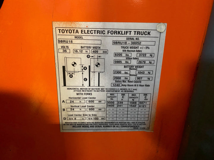 Used forklift for sale in Ajax | 2018 TOYOTA 3,500 LB Electric Reach Truck | Model: 9BR183M241