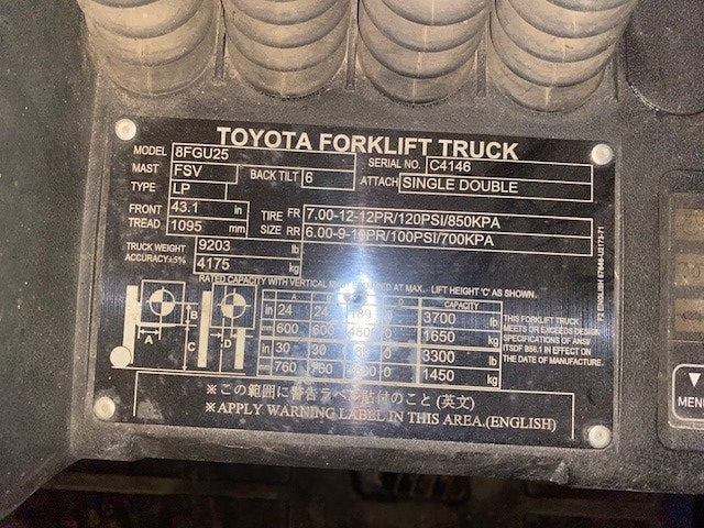 Used forklift for sale in Moncton | 2021 TOYOTA 5,000 LB IC Pneumatic Forklift | Model: 8FGU25
