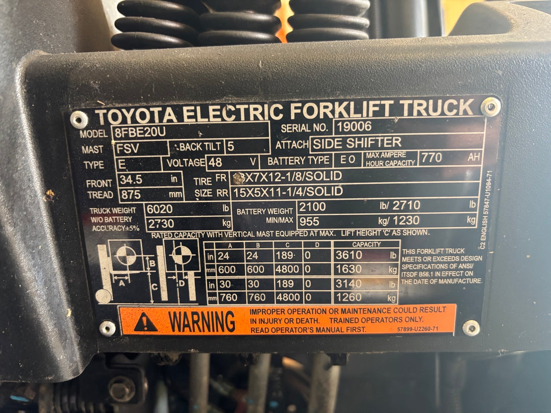 Used forklift for sale in Toronto | 2019 TOYOTA 4,000 LB 3-Wheel Electric Forklift | Model: 8FBE20U