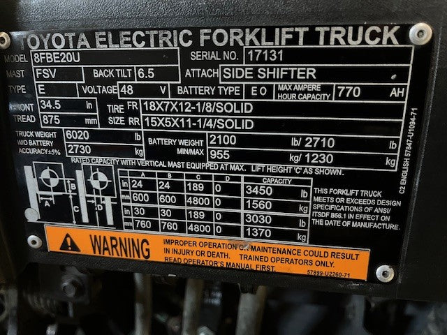Used forklift for sale in Ajax | 2019 TOYOTA 4000 LB 3-Wheel Electric Forklift | Model: 8FBE20U