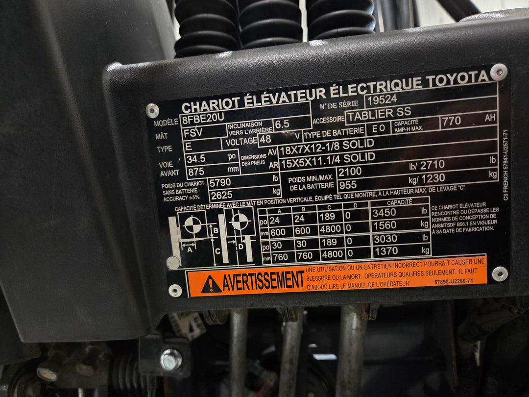 Used forklift for sale in Lachine | 2020 TOYOTA 4000 LB 3-Wheel Electric Forklift | Model: 8FBE20U